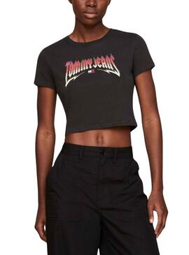 Camiseta Tommy Jeans Crop Slim Rock Negro Mujer