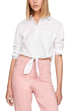 Camisa Tommy Jeans Lazo Frontal Blanco Para Mujer