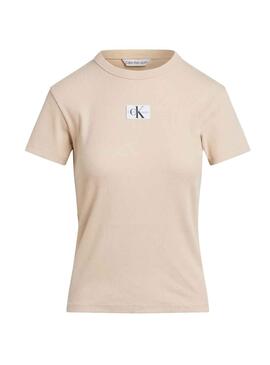 Camiseta Calvin Klein Woven Label Beige Para Mujer