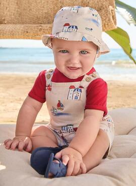 Conjunto Mayoral Peto Gorro Beige Rojo Para Bebé