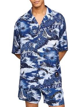 Camisa Tommy Jeans Hawaiian Azul Para Hombre