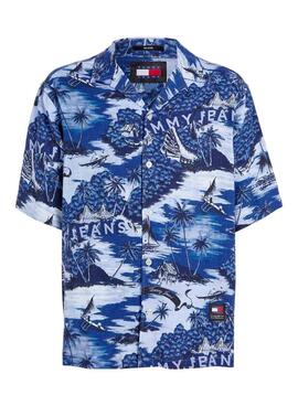 Camisa Tommy Jeans Hawaiian Azul Para Hombre