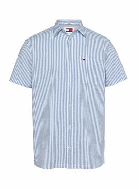 Camisa Tommy Jeans  Stripe Seersucker Azul Para Hombre