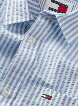 Camisa Tommy Jeans  Stripe Seersucker Azul Para Hombre