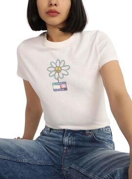 Camiseta Tommy Jeans Flower Slim Blanco Para Mujer