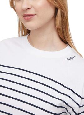 Jersey Pepe Jeans Jena Blanco y Azul Para Mujer