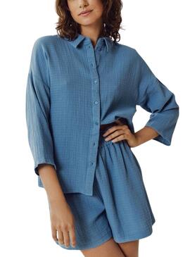 Camisa Vila Vilania Button 3/4 Azul Para Mujer