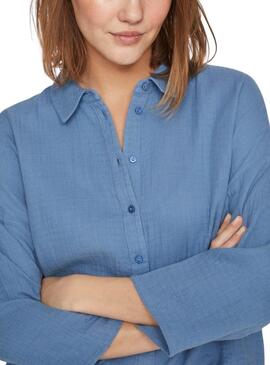 Camisa Vila Vilania Button 3/4 Azul Para Mujer