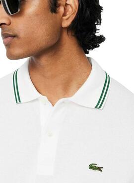 Polo Lacoste L.12.12 blanco con rayas verdes para hombre