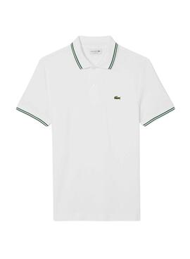 Polo Lacoste L.12.12 blanco con rayas verdes para hombre