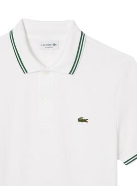 Polo Lacoste L.12.12 blanco con rayas verdes para hombre