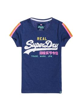 Camiseta Superdry V Logo Stripe Azul Mujer