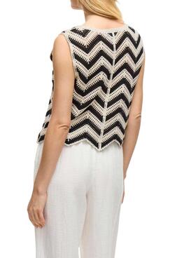 Chaleco Vila Viserilda crochet beige y negro para mujer