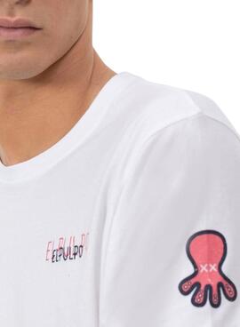 Camiseta El Pulpo Triplelogo blanco y rosa para hombre