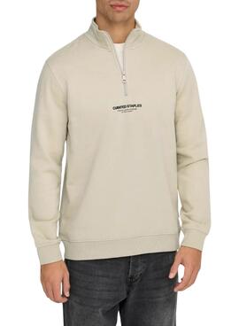 Sudadera Only and Sons Curated Zip beige para hombre