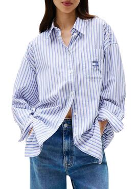 Camisa Tommy Jeans Badge Stripe azul para mujer