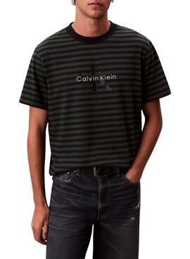 Camiseta Calvin Klein Monologo estampado de rayas verde para hombre