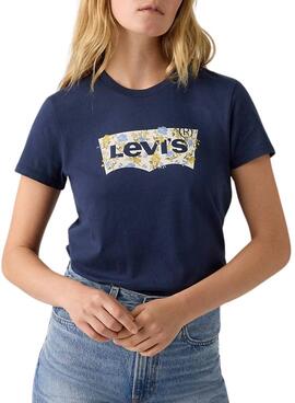Camiseta Levis Perfect azul logo flores para mujer