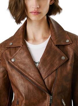 Cazadora biker Pepe Jeans Stacy efecto piel marrón para mujer
