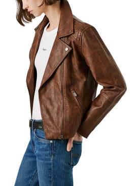 Cazadora biker Pepe Jeans Stacy efecto piel marrón para mujer