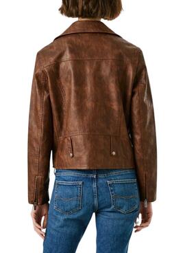 Cazadora biker Pepe Jeans Stacy efecto piel marrón para mujer