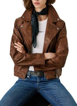 Cazadora biker Pepe Jeans Stacy efecto piel marrón para mujer
