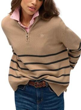 Jersey Superdry cuello con cremallera camel para mujer