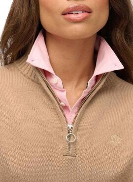 Jersey Superdry cuello con cremallera camel para mujer