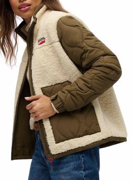 Chaqueta polar Superdry Fleece Hybrid beige y verde para mujer