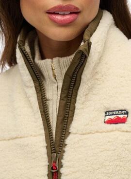 Chaqueta polar Superdry Fleece Hybrid beige y verde para mujer