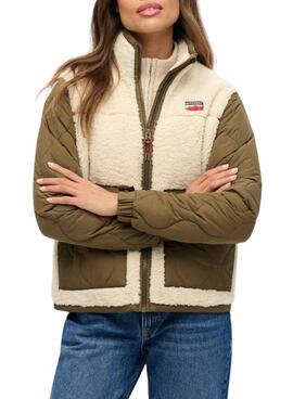 Chaqueta polar Superdry Fleece Hybrid beige y verde para mujer