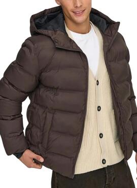 Cazadora Only and Sons Union acolchada con capucha marrón para hombre