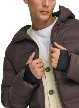 Cazadora Only and Sons Union acolchada con capucha marrón para hombre