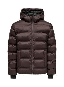 Cazadora Only and Sons Union acolchada con capucha marrón para hombre