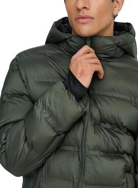 Abrigo acolchado Only and Sons Union con capucha verde para hombre