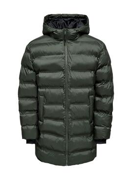 Abrigo acolchado Only and Sons Union con capucha verde para hombre