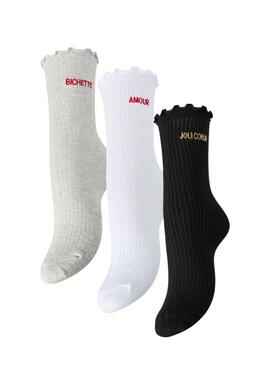 Pack 3 calcetines Pieces Afia blanco negro y gris  para mujer