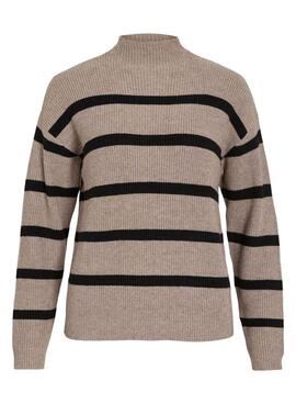 Jersey Vila Viril Mockneck rayas beige y negro para mujer