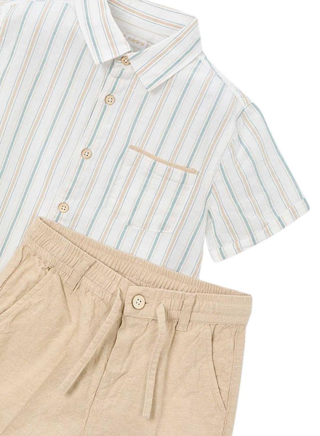 Conjunto camisa y bermuda Mayoral rayas lino beige y verde para niño