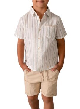 Conjunto camisa y bermuda Mayoral rayas lino beige y verde para niño