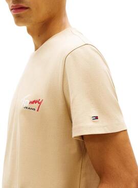 Camiseta  Tommy Jeans Sign Chest Slim beige para hombre