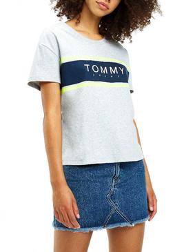 Camisesta Tommy Jeans Stripe Logo Gris Mujer