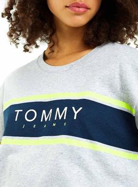 Camisesta Tommy Jeans Stripe Logo Gris Mujer