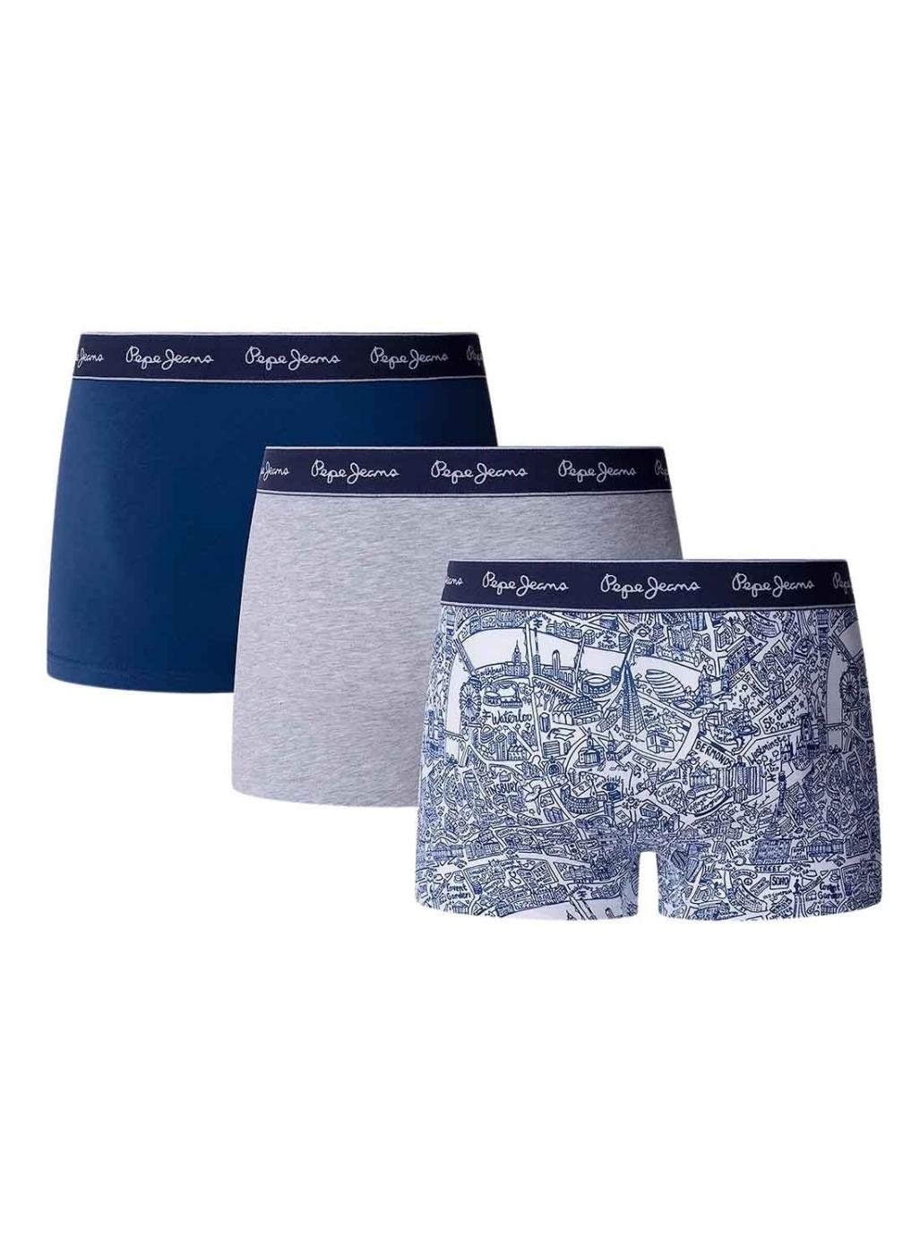 Pack tres boxers Pepe Jeans Map azul y gris para hombre