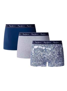 Pack tres boxers Pepe Jeans Map azul y gris para hombre