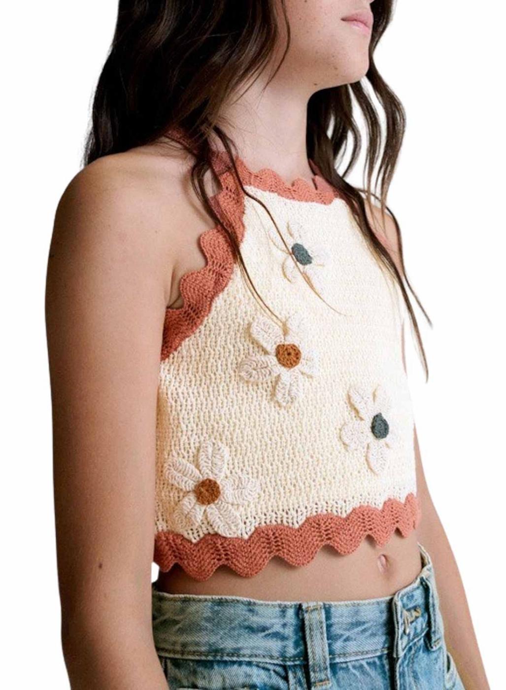 Top Mayoral de punto con flores blanco y coral para niña