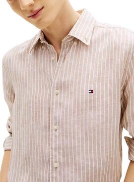 Camisa de lino Tommy Hilfiger Linen Bengal rayas tostado para hombre