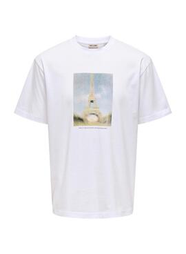 Camiseta Only and Sons Fred Eiffel blanco para hombre