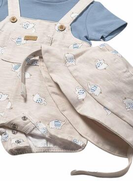 Conjunto Mayoral peto elefantes beige y azul con gorro para bebé