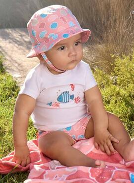 Conjunto Mayoral pez blanco y coral con gorro para bebé
